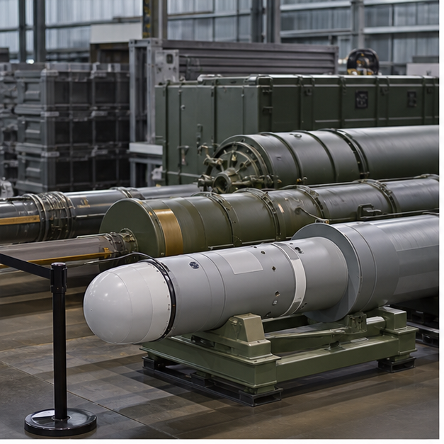 防衛産業の工場に並ぶ無標識の迎撃弾部品