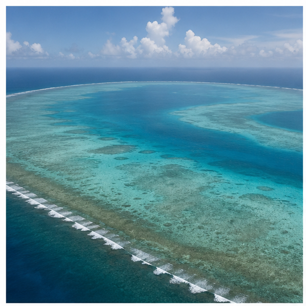 浅い礁湖と環礁を上空から見た海域