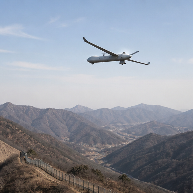 山岳地帯の上空を飛行する無記名の無人機
