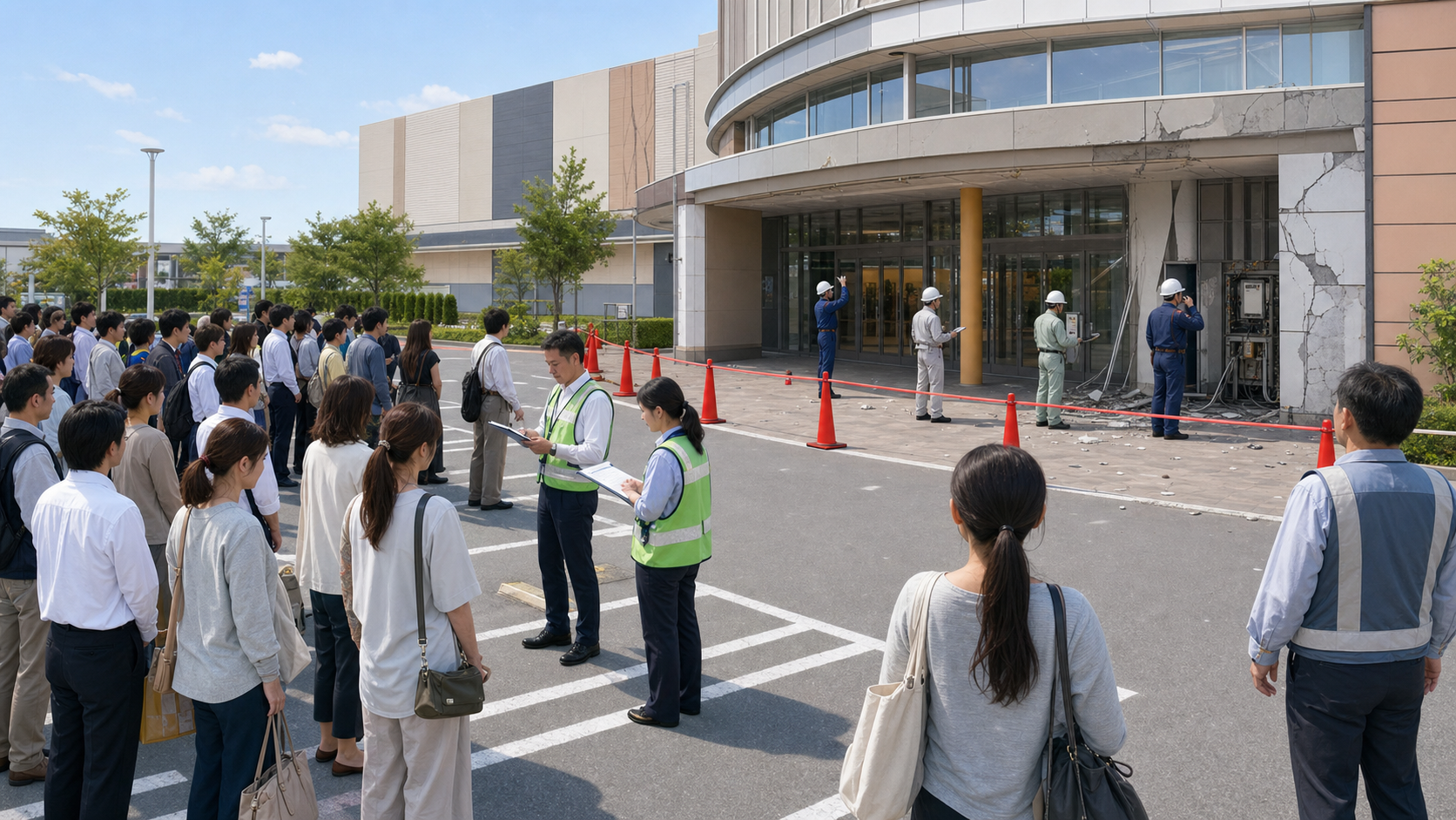 避難後の点呼、立入禁止、専門点検、再入場許可を表した安全管理の図解