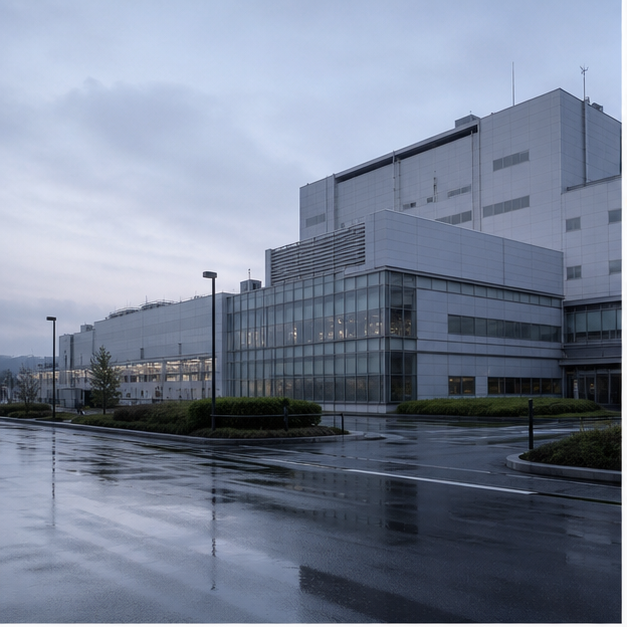 雨上がりの熊本を想起させる無人の半導体工場外観