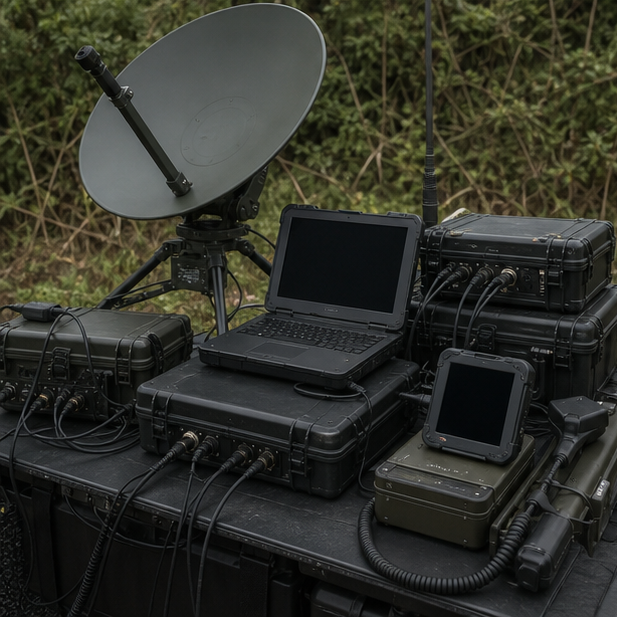 黒い画面を備えた野外用の衛星通信機材