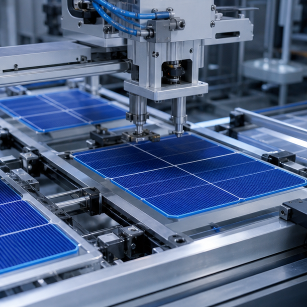 自動設備で製造される青い太陽電池セル